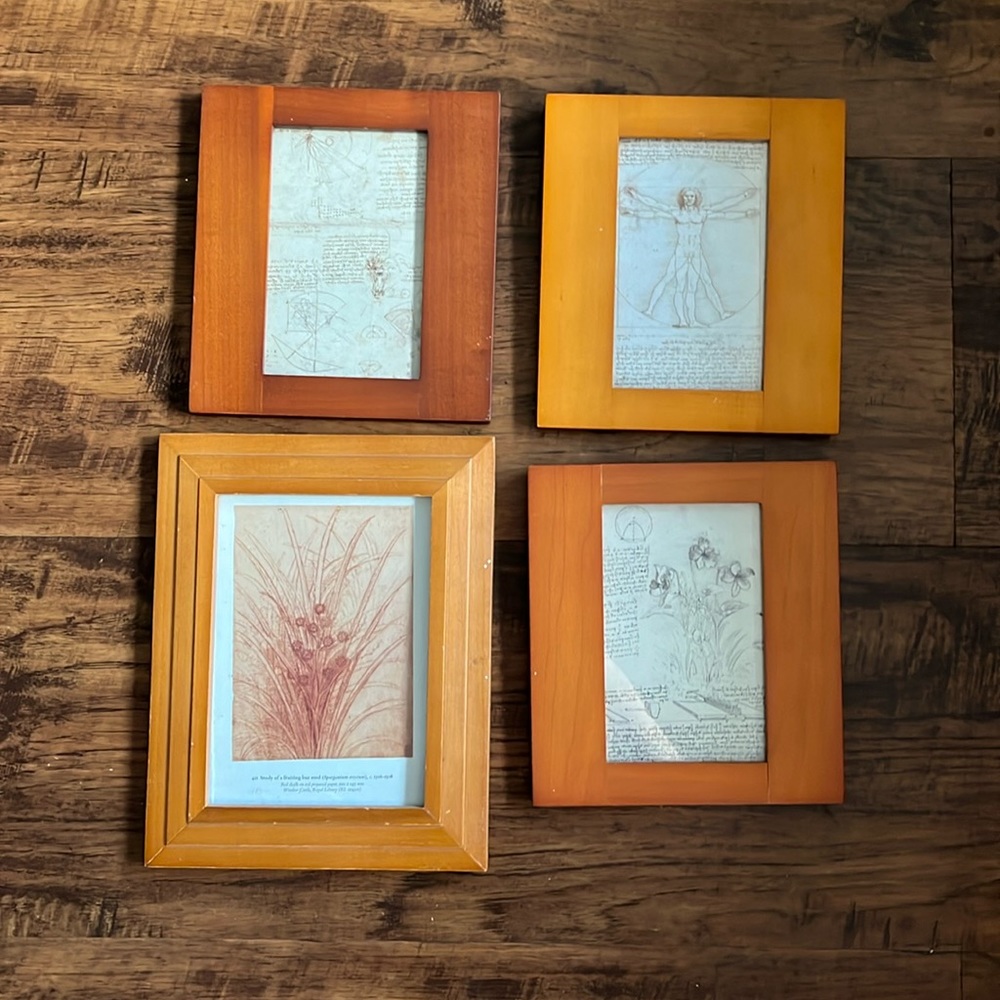 set of four leonardo da vinci wooden framed sketches bundle